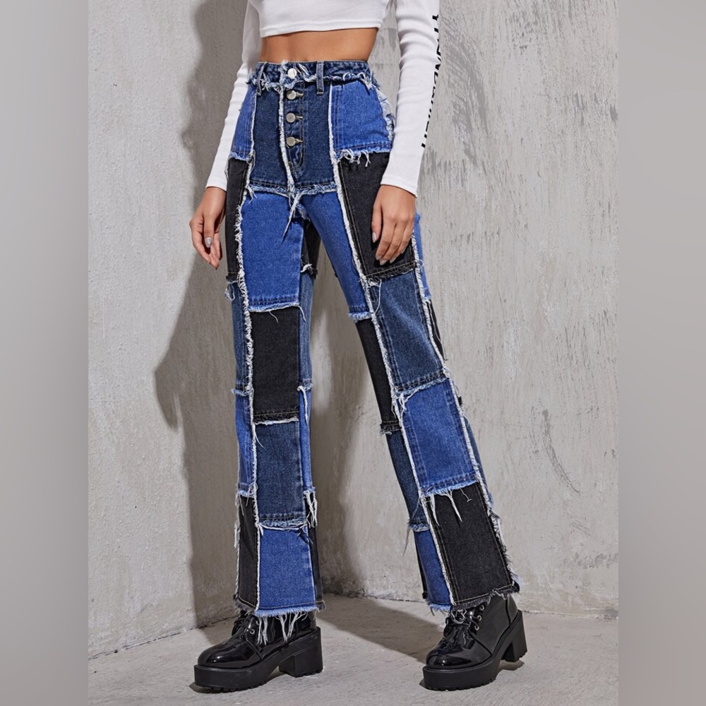 SHEIN High Waist Button Fly Spliced Jeans Size Medium